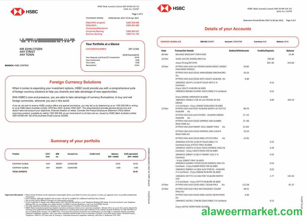 Australia HSBC bank statement, Word and PDF template, 3 pages